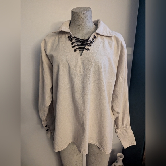 Medieval linen shirt with leather lacing  Designer Anne LaRochelle  M Fits M-XL - Picture 1 of 9